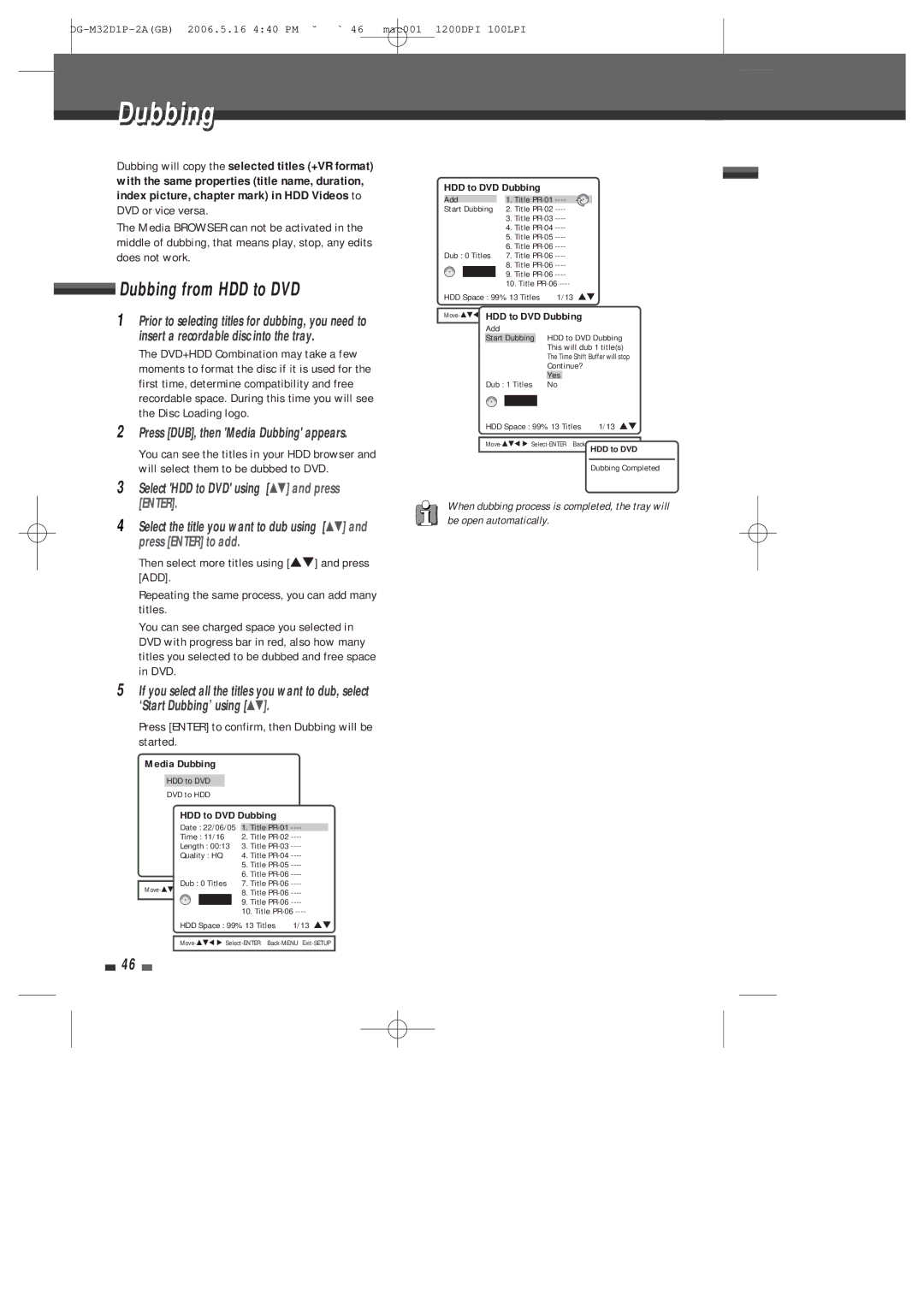 Daewoo DHR-9105P user manual Dubbing from HDD to DVD, Press DUB, then Media Dubbing appears 