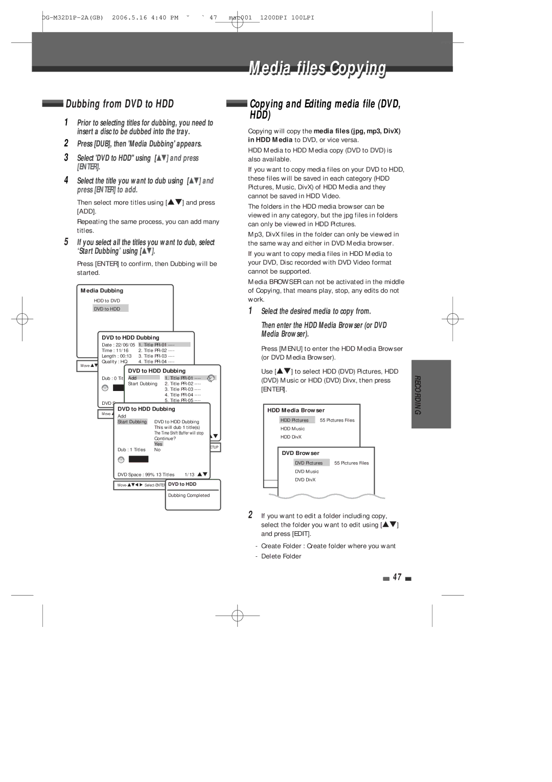 Daewoo DHR-9105P user manual Media files Copying, Dubbing from DVD to HDD, Copying and Editing media file DVD, HDD 