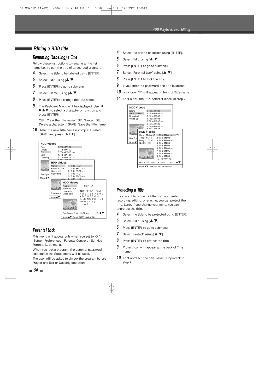 Daewoo DHR-9105P user manual Editing a HDD title, Renaming Labeling a Title, Parental Lock, Protecting a Title 