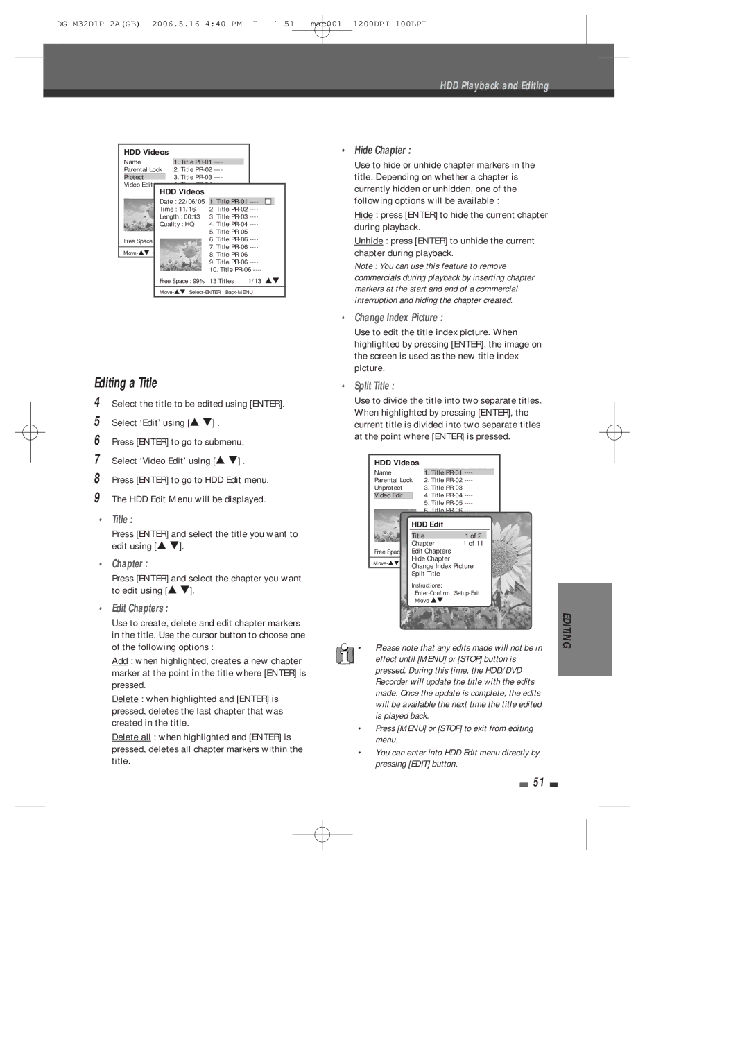 Daewoo DHR-9105P user manual Editing a Title 