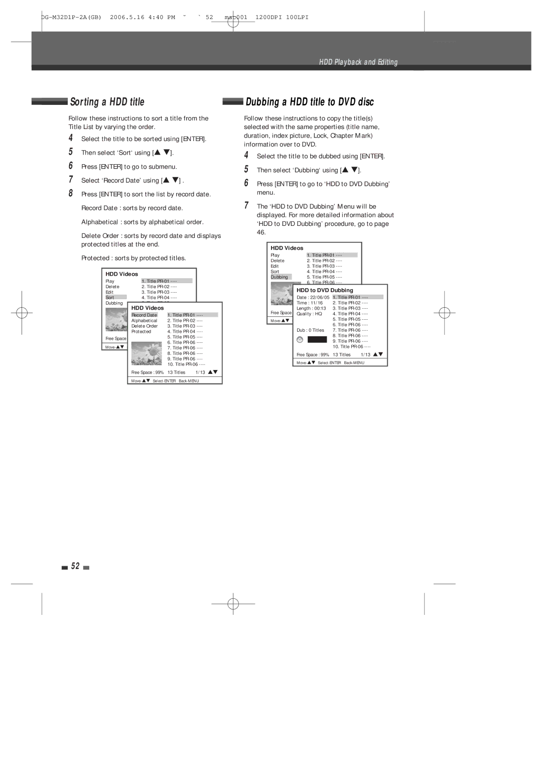 Daewoo DHR-9105P user manual Sorting a HDD title, Dubbing a HDD title to DVD disc 