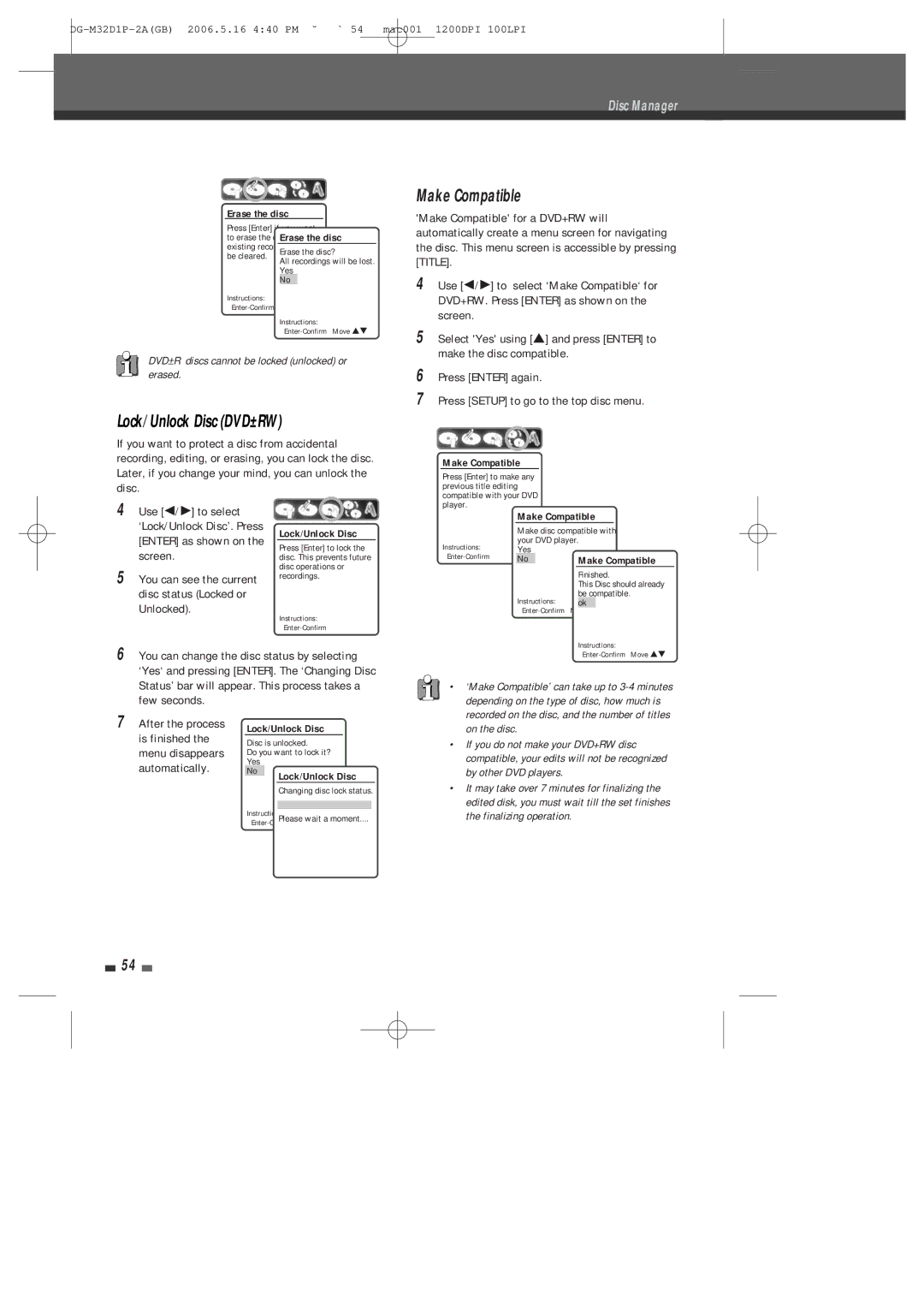 Daewoo DHR-9105P user manual Lock/Unlock Disc DVD±RW, Make Compatible, DVD±R discs cannot be locked unlocked or erased 