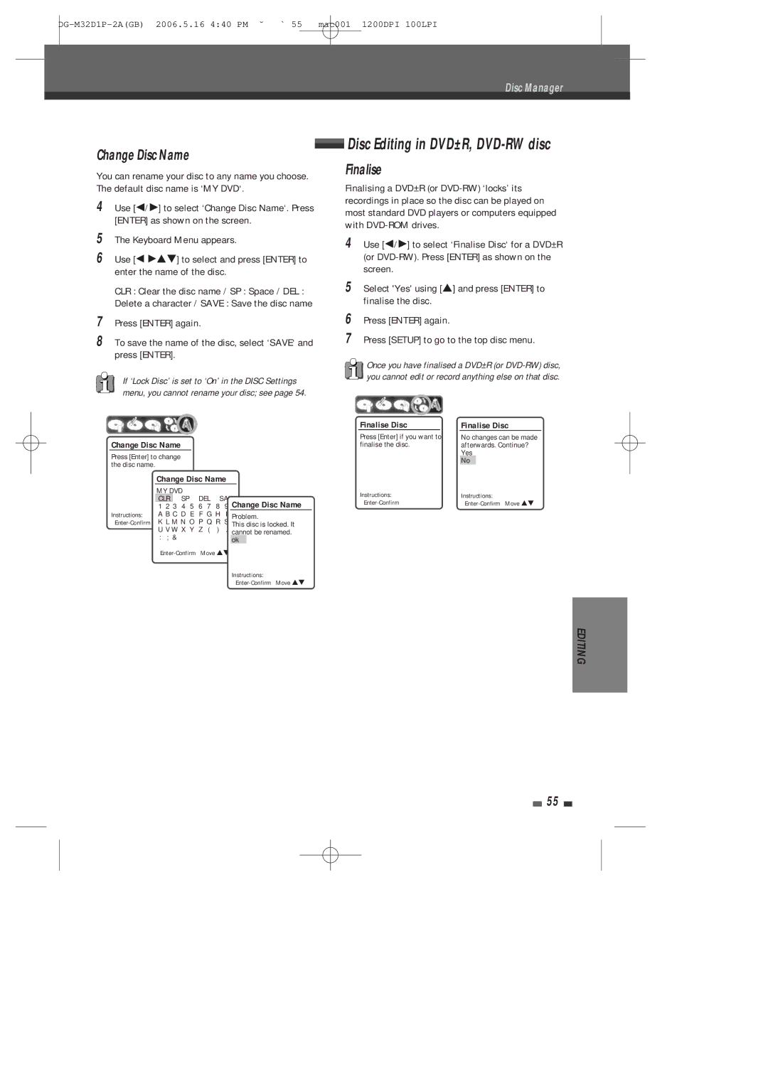 Daewoo DHR-9105P user manual Disc Editing in DVD±R, DVD-RW disc, Finalise 