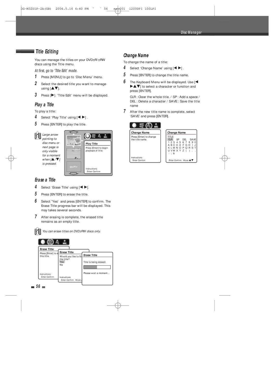 Daewoo DHR-9105P user manual Title Editing, Play a Title, Change Name, Erase a Title, At first, go to ‘Title Edit’ mode 