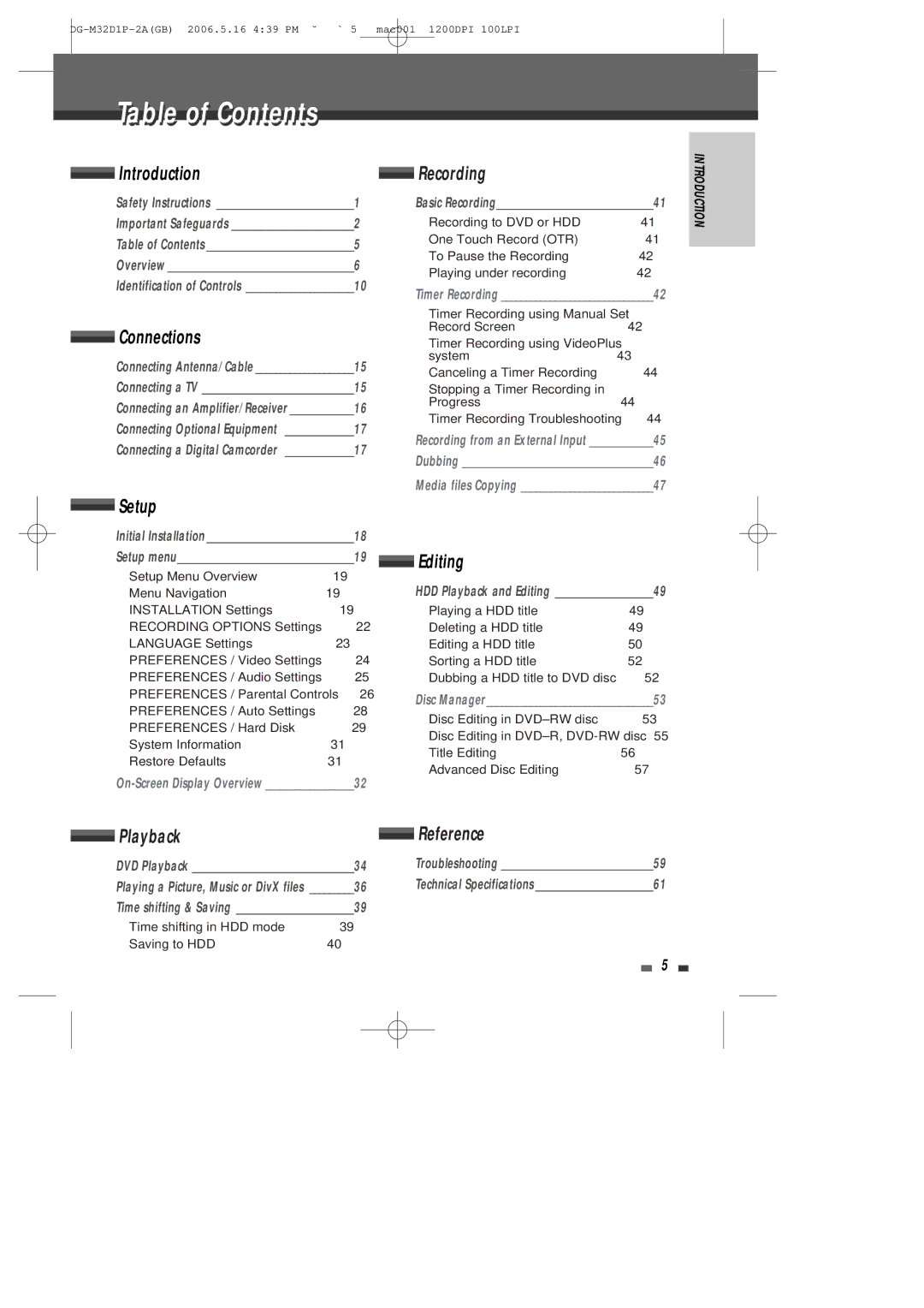 Daewoo DHR-9105P user manual Table of Contents 