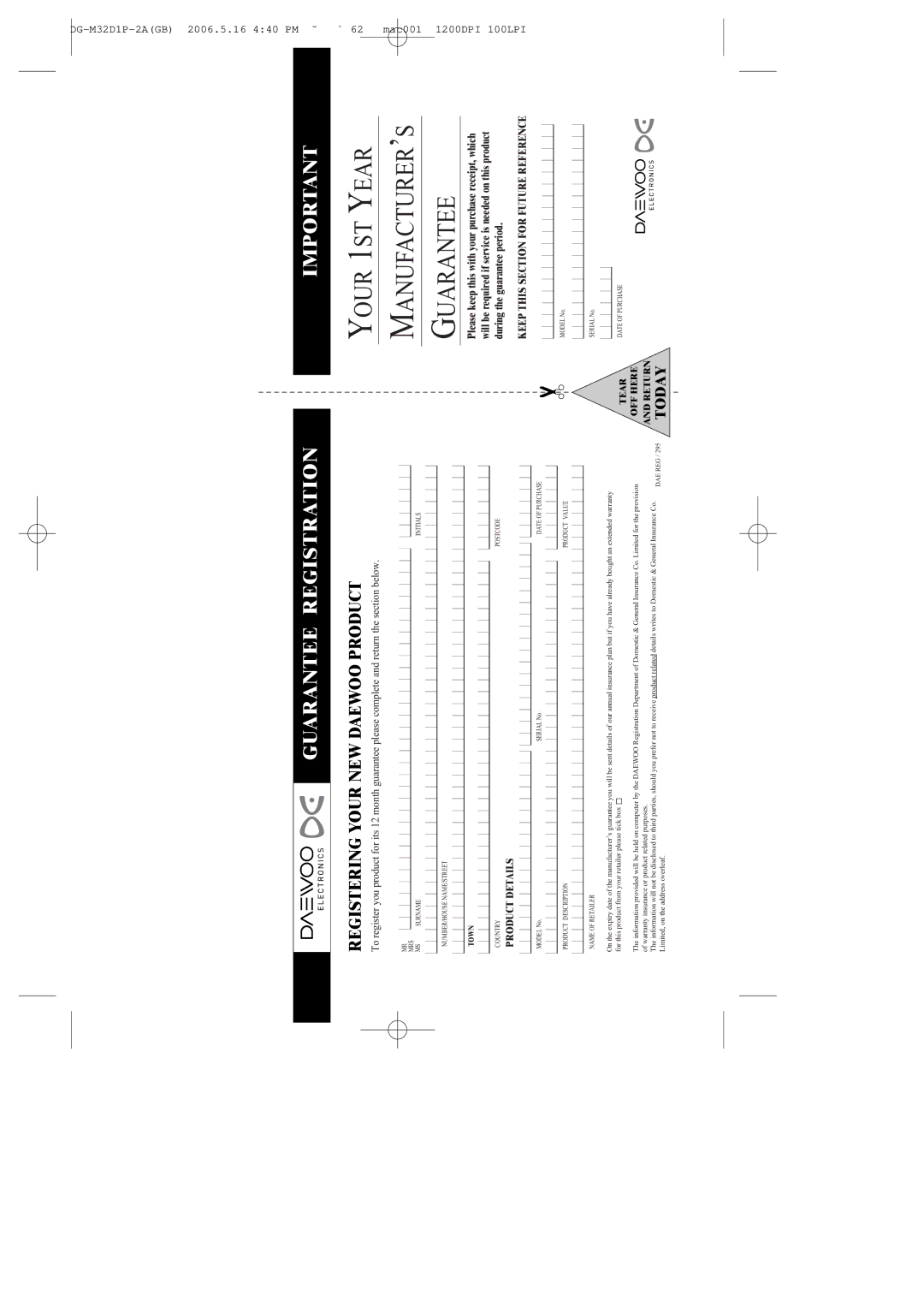 Daewoo DHR-9105P user manual Your 1ST Year Manufacturerõs Guarantee 