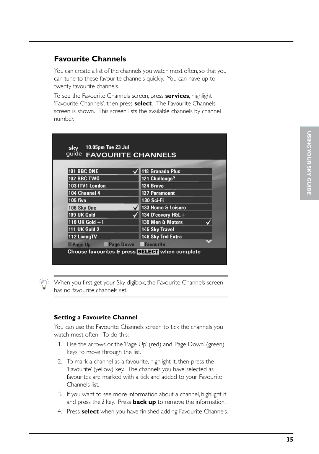 Daewoo digibox manual Favourite Channels, Setting a Favourite Channel 