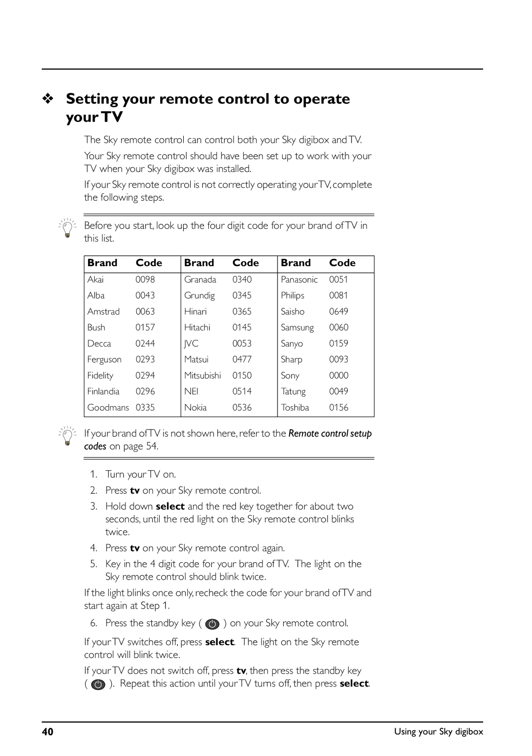 Daewoo digibox manual Setting your remote control to operate your TV, Brand Code 