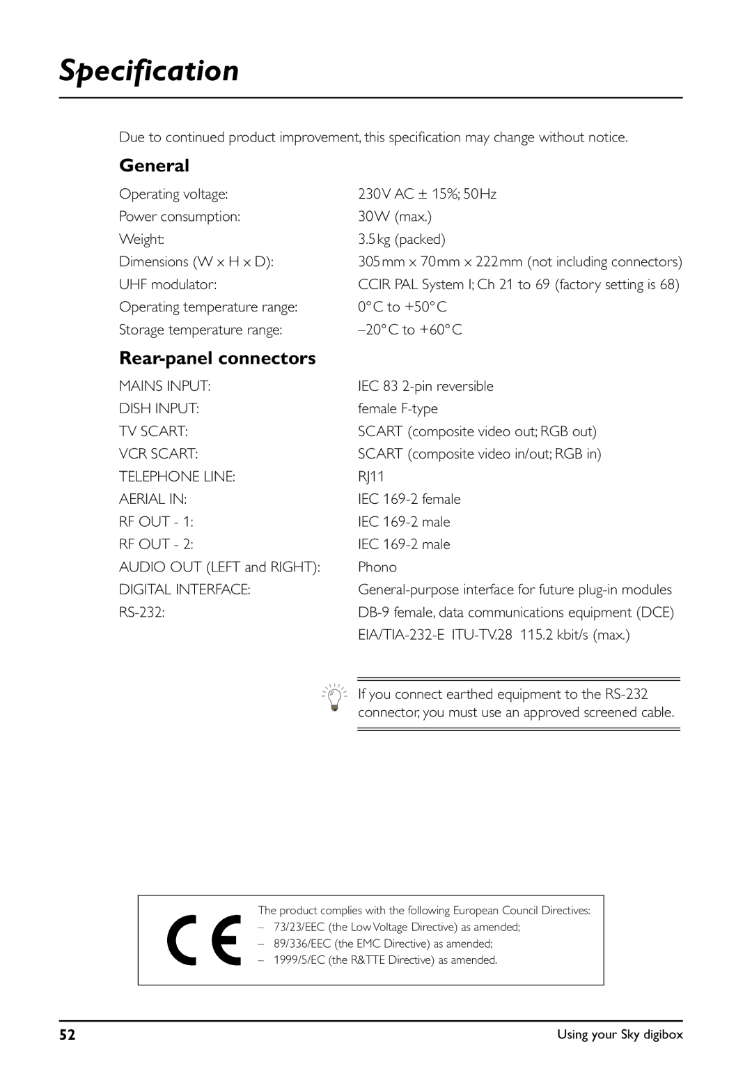 Daewoo digibox manual Specification, General, Rear-panel connectors 