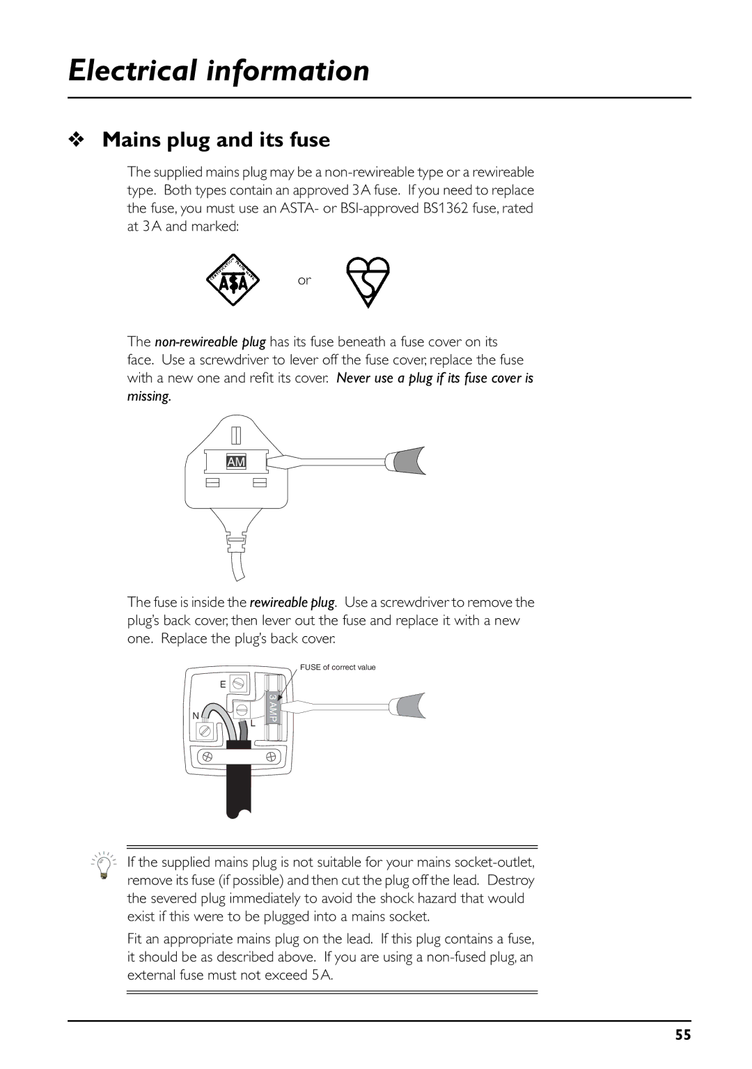 Daewoo digibox manual Electrical information, Mains plug and its fuse 