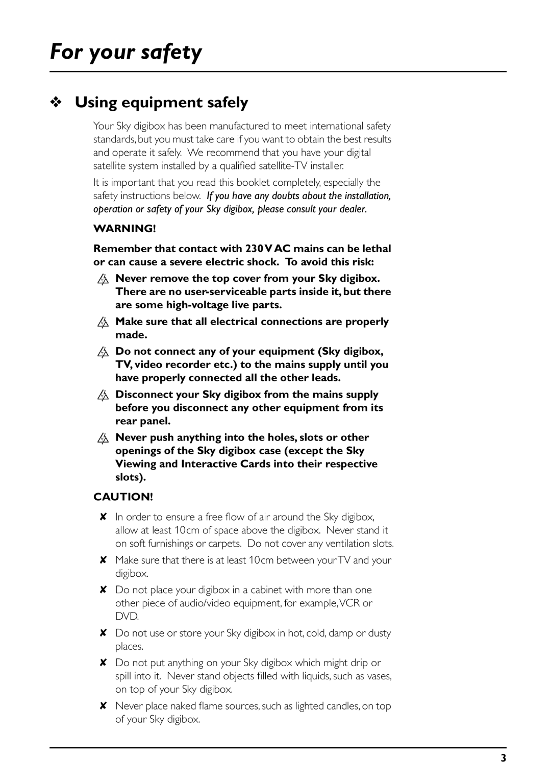 Daewoo digibox manual For your safety, Using equipment safely 