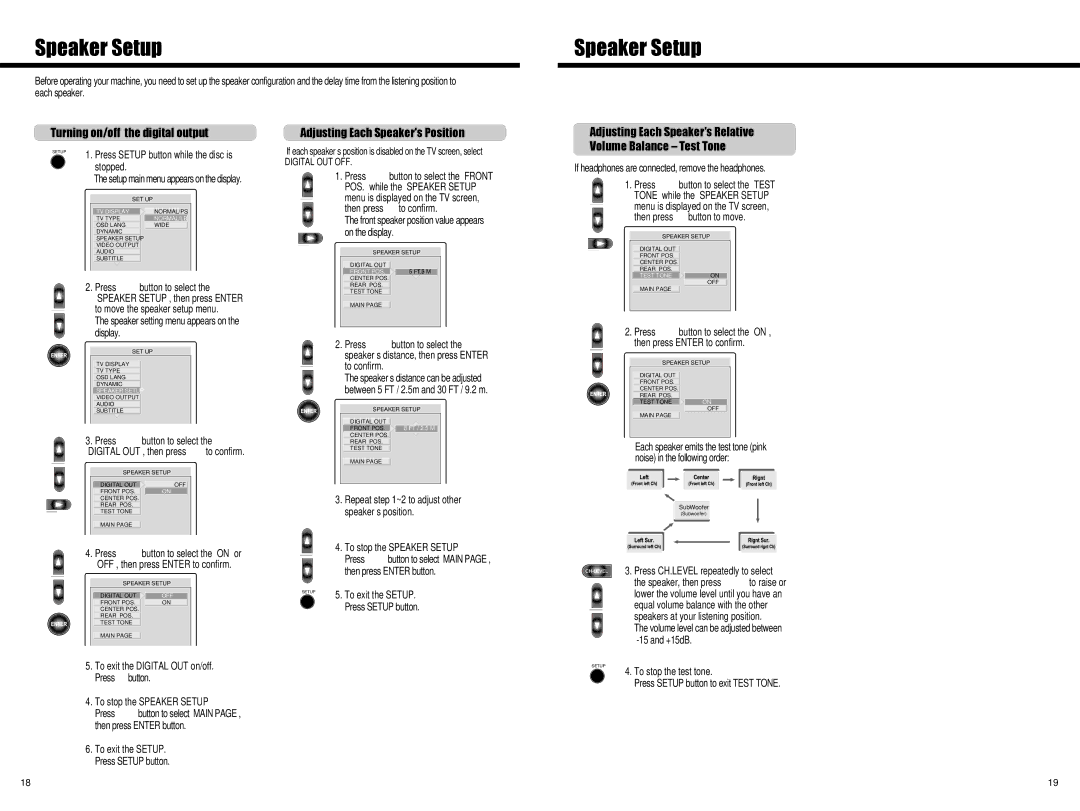 Daewoo HC-4130 instruction manual Speaker Setup, Turning on/off the digital output, Adjusting Each Speakers Position 