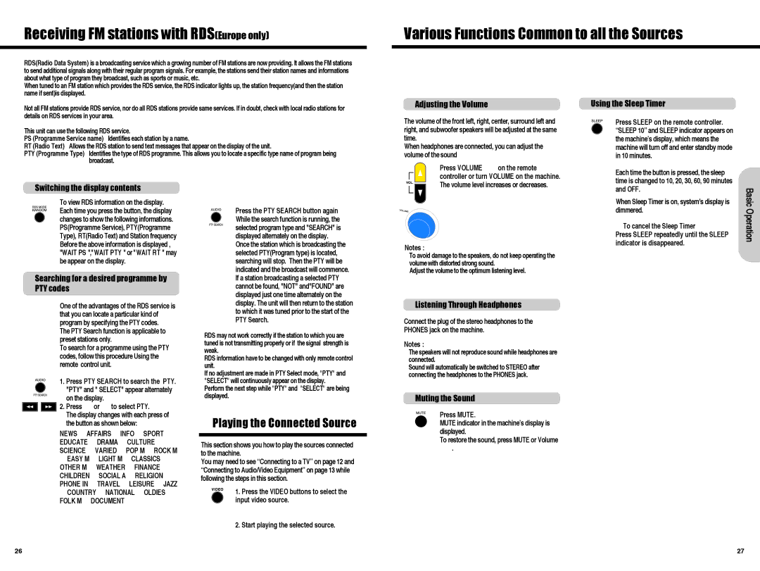 Daewoo HC-4130 instruction manual Receiving FM stations with RDSEurope only, Various Functions Common to all the Sources 