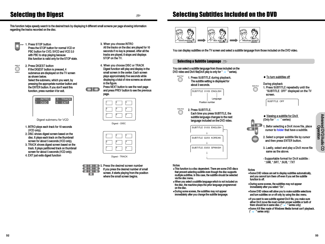 Daewoo Digital Home Cinema System, HC-4130 instruction manual Selecting the Digest, Selecting Subtitles Included on the DVD 