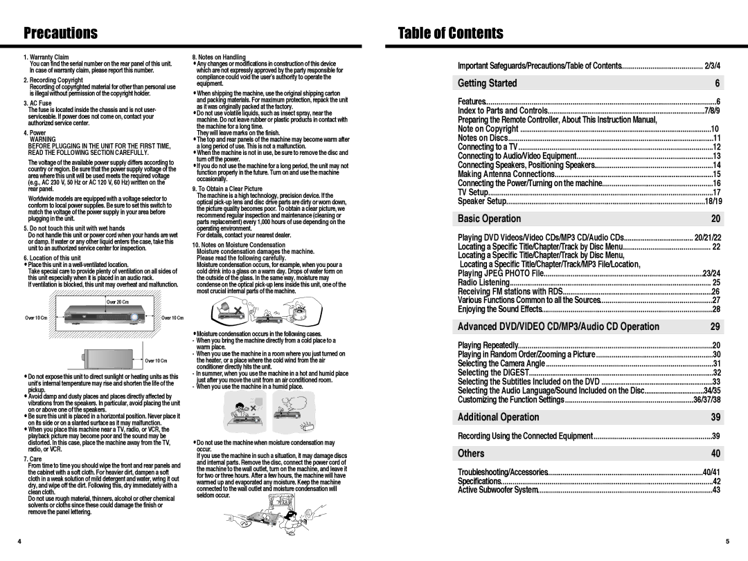 Daewoo Digital Home Cinema System, HC-4130 instruction manual Precautions, Table of Contents 