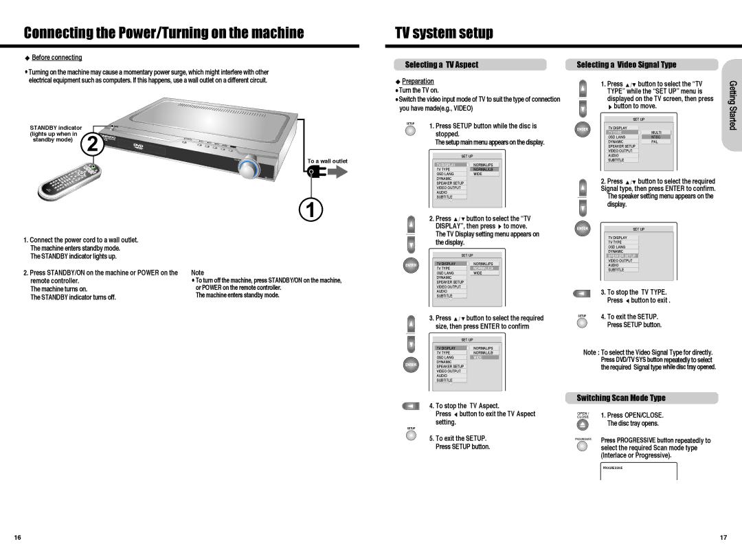 Daewoo Digital Home Cinema System Connecting the Power/Turning on the machine TV system setup, Selecting a TV Aspect 