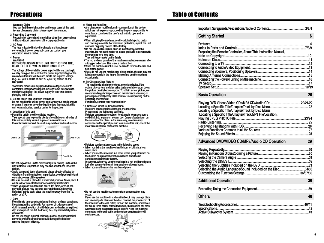 Daewoo Digital Home Cinema System Precautions, Table of Contents, Getting Started, Basic Operation, Additional Operation 