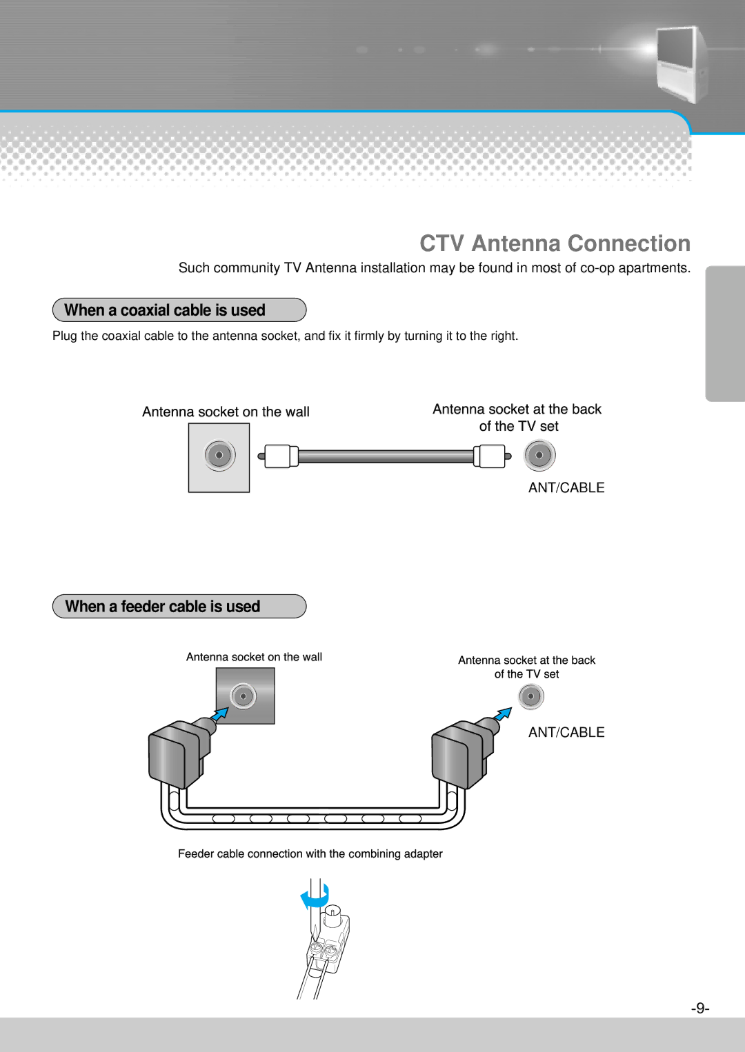 Daewoo DJ-4710, DJ-4720, DJ-4710E, DJ-4720E instruction manual CTV Antenna Connection, When a coaxial cable is used 