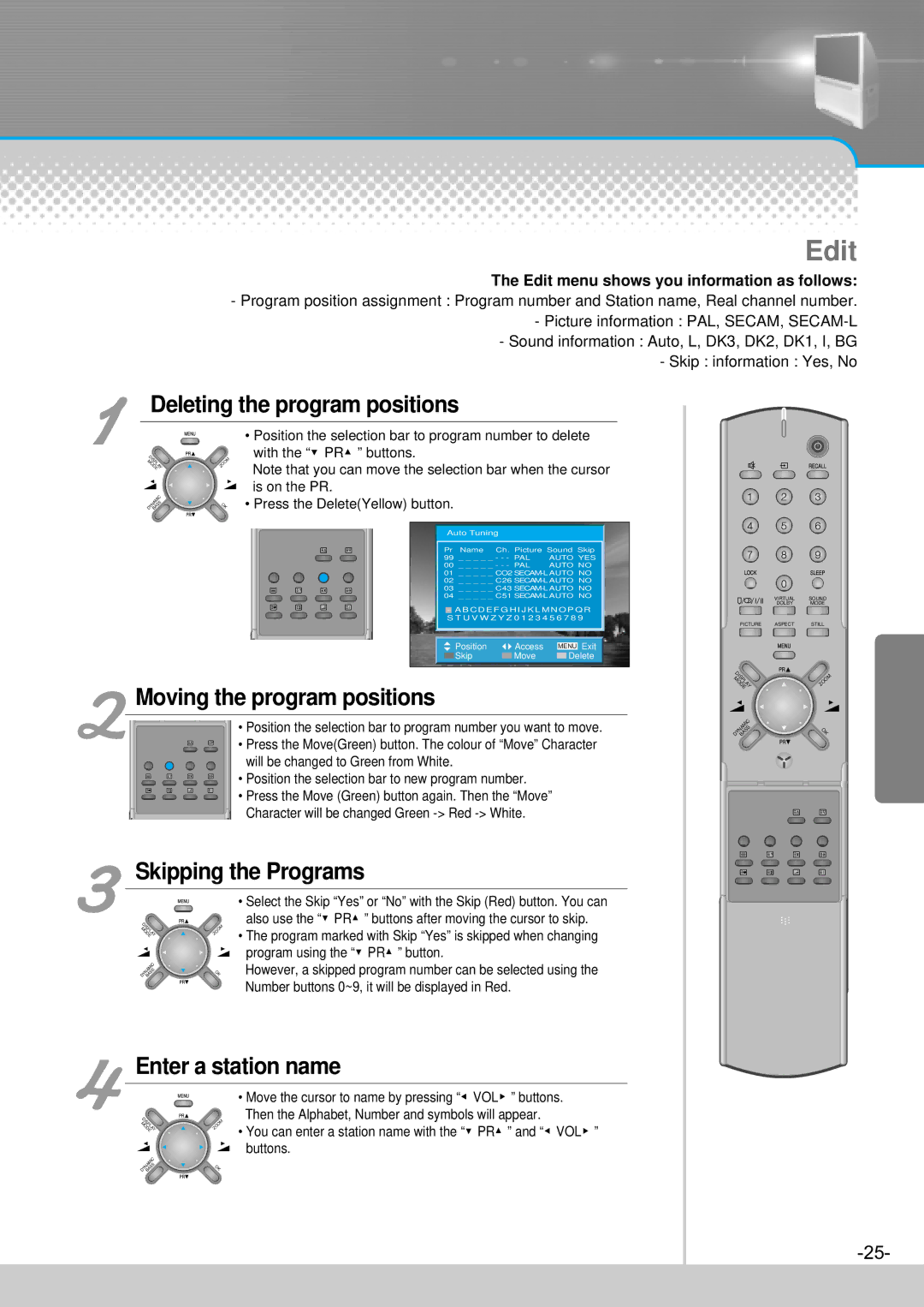 Daewoo DJ-4710, DJ-4720, DJ-4710E, DJ-4720E Edit, Deleting the program positions, Moving the program positions 