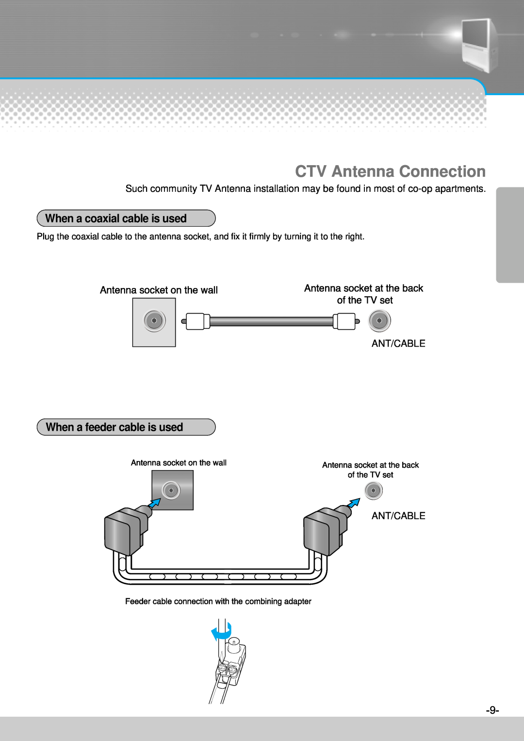 Daewoo DJ-4710, DJ-4720, DJ-4710E, DJ-4720E CTV Antenna Connection, When a coaxial cable is used, Ant/Cable 