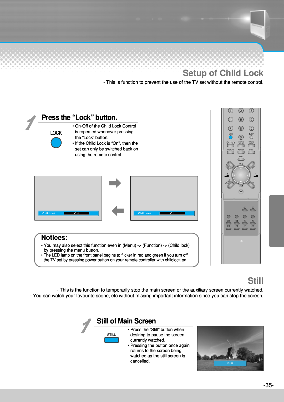 Daewoo DJ-4710, DJ-4720, DJ-4710E, DJ-4720E Setup of Child Lock, Press the “Lock” button, Still of Main Screen 