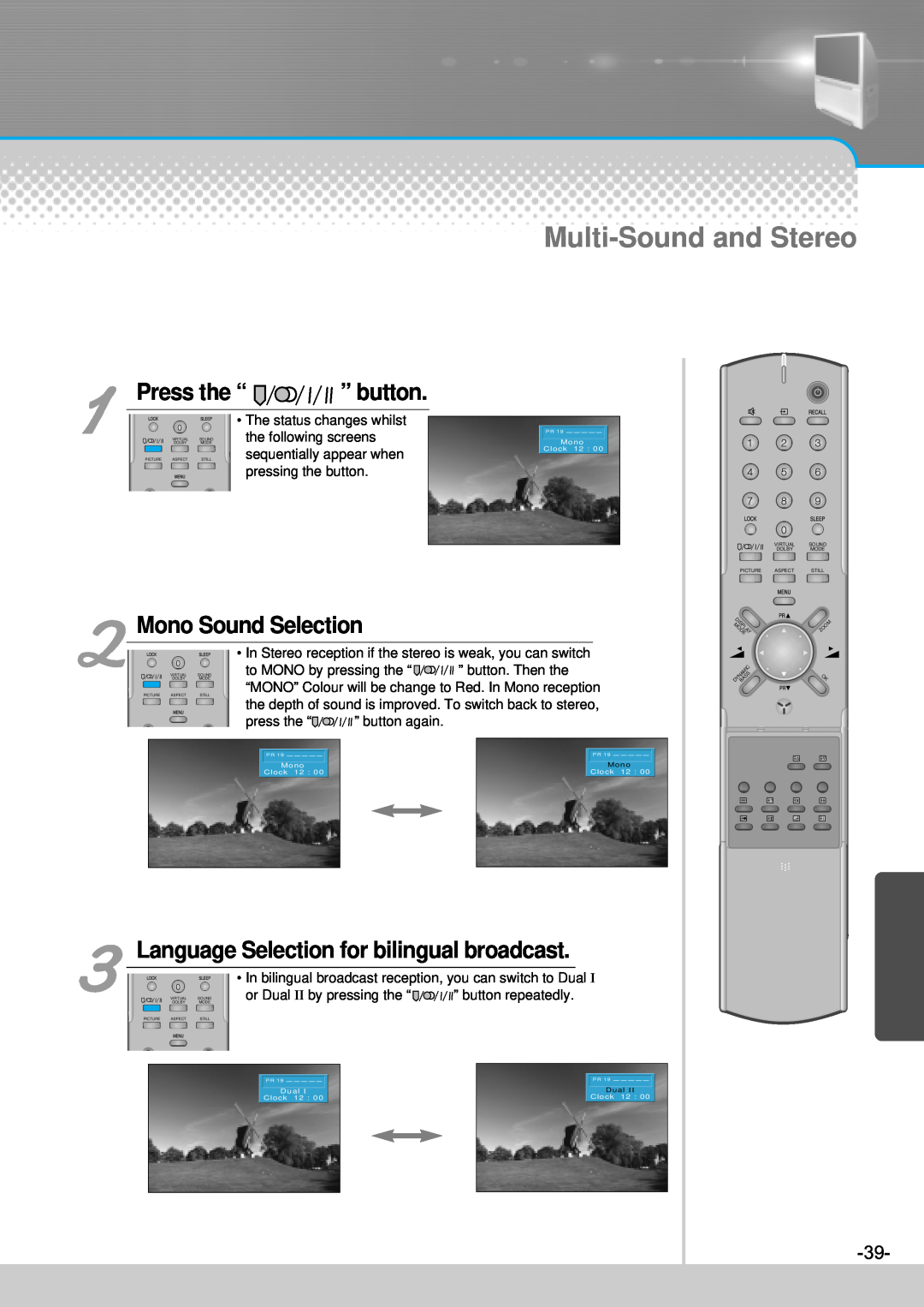 Daewoo DJ-4710, DJ-4720, DJ-4710E, DJ-4720E Multi-Sound and Stereo, Press the “ ” button, Mono Sound Selection 