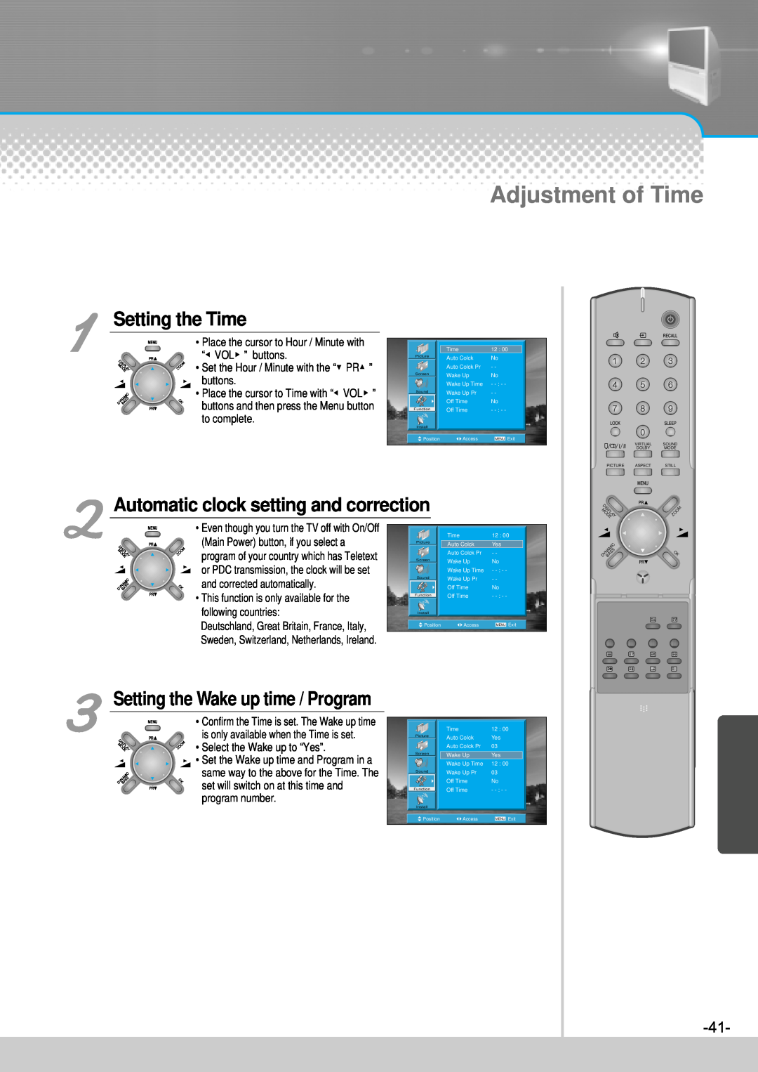 Daewoo DJ-4710, DJ-4720, DJ-4710E, DJ-4720E Setting the Time, Automatic clock setting and correction, Adjustment of Time 