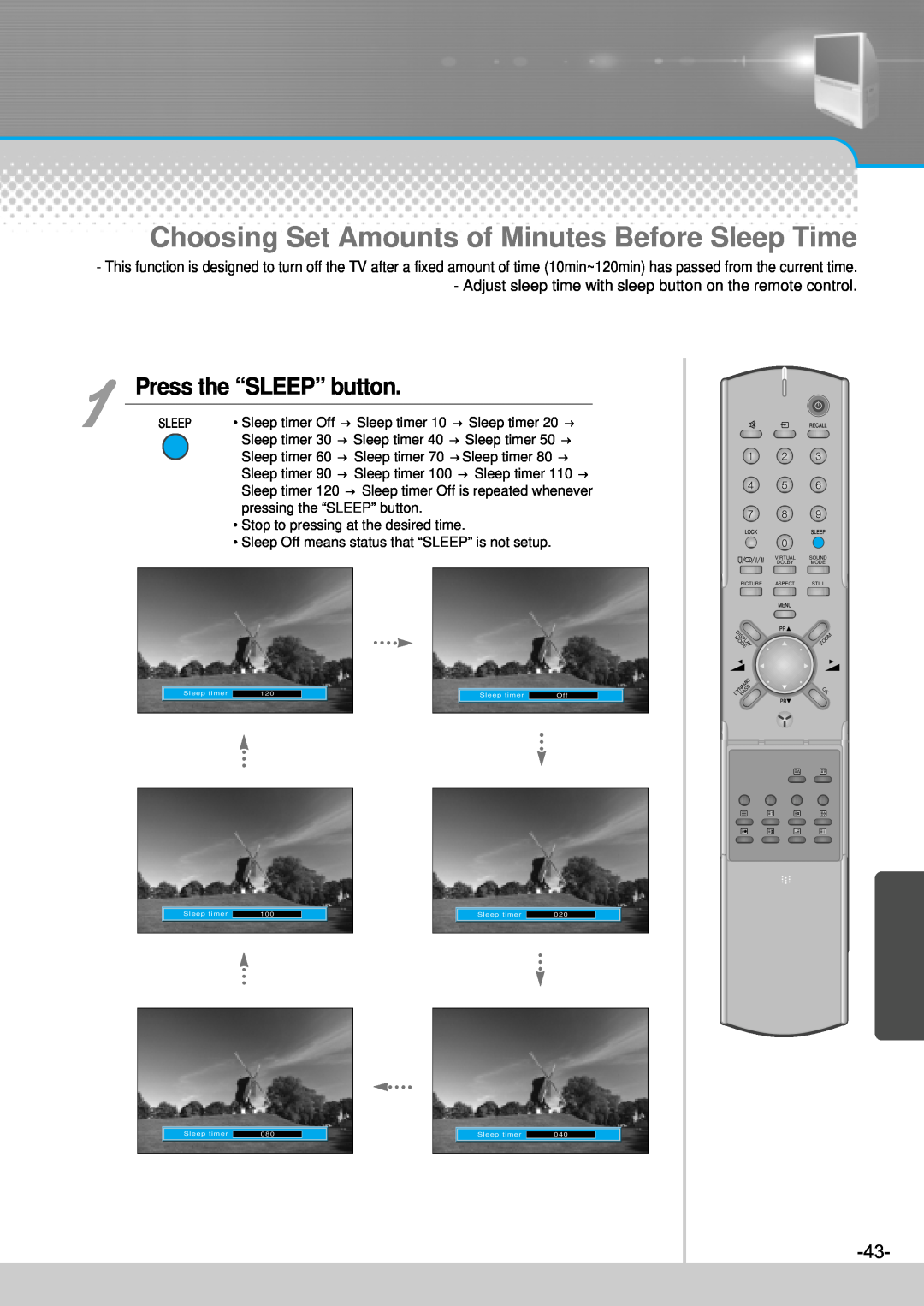 Daewoo DJ-4710, DJ-4720, DJ-4710E, DJ-4720E Choosing Set Amounts of Minutes Before Sleep Time, Press the “SLEEP” button 
