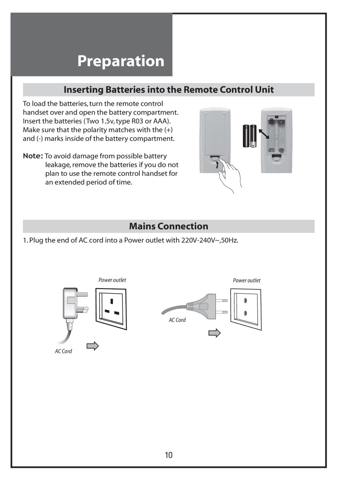 Daewoo DLP-20J1, DLP-20W2, DLP-20D7 Preparation, Inserting Batteries into the Remote Control Unit, Mains Connection 