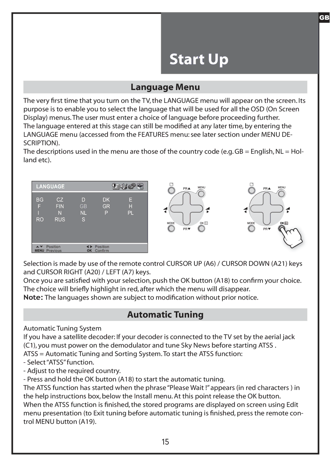 Daewoo DLP-20W2, DLP-20J1, DLP-20D7 instruction manual Start Up, Language Menu, Automatic Tuning, Scription 