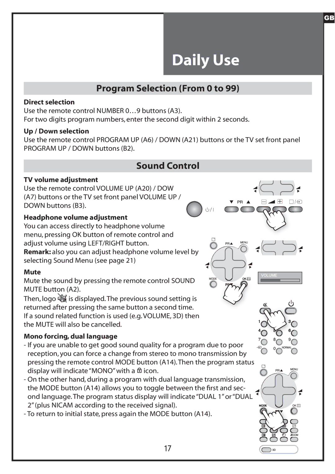 Daewoo DLP-20D7, DLP-20W2, DLP-20J1 instruction manual Program Selection From 0 to, Sound Control 