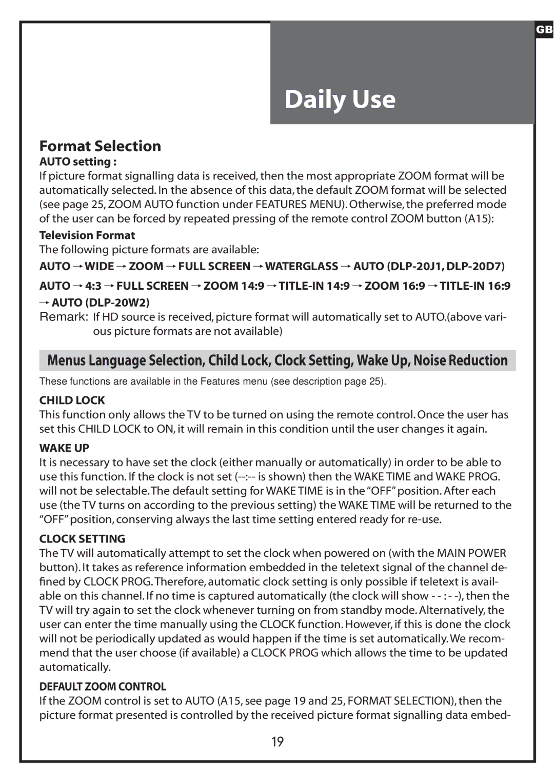 Daewoo DLP-20J1, DLP-20W2, DLP-20D7 Format Selection, Child Lock, Wake UP, Clock Setting, Default Zoom Control 