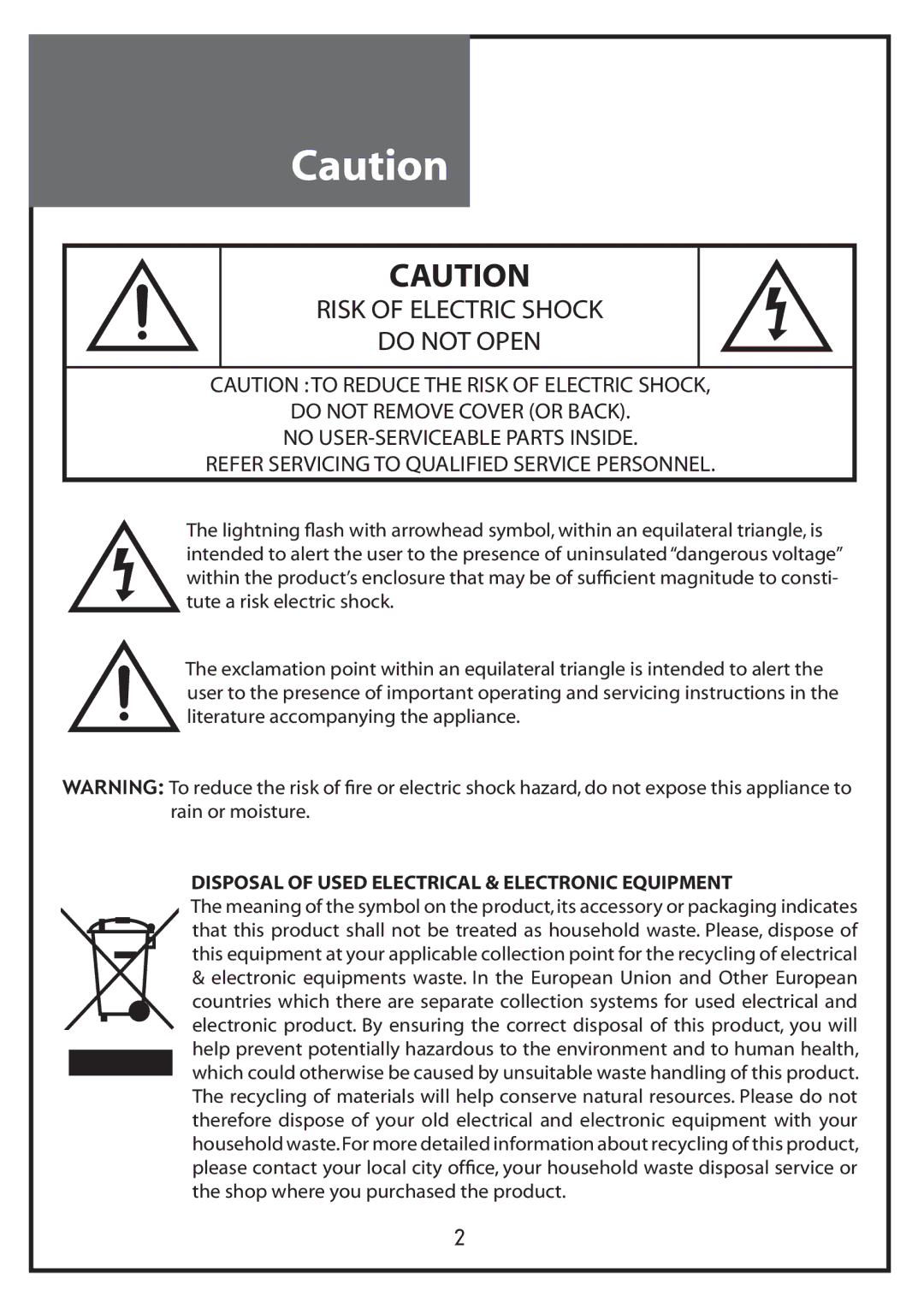 Daewoo DLP-20D7, DLP-20W2, DLP-20J1 Risk of Electric Shock Do not Open, Disposal of Used Electrical & Electronic Equipment 