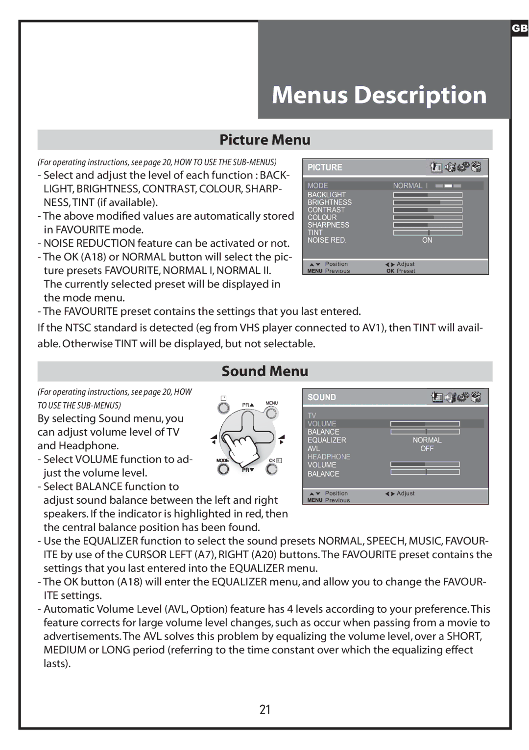 Daewoo DLP-20W2, DLP-20J1, DLP-20D7 instruction manual Picture Menu, Sound Menu 