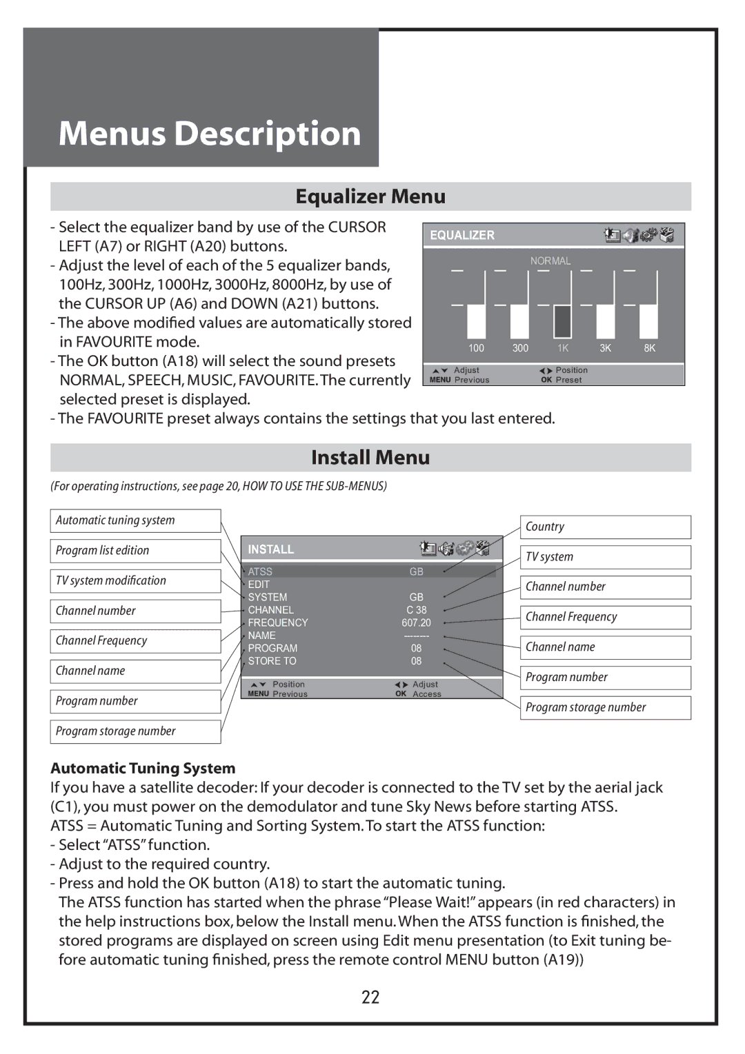 Daewoo DLP-20J1, DLP-20W2, DLP-20D7 instruction manual Equalizer Menu, Install Menu 