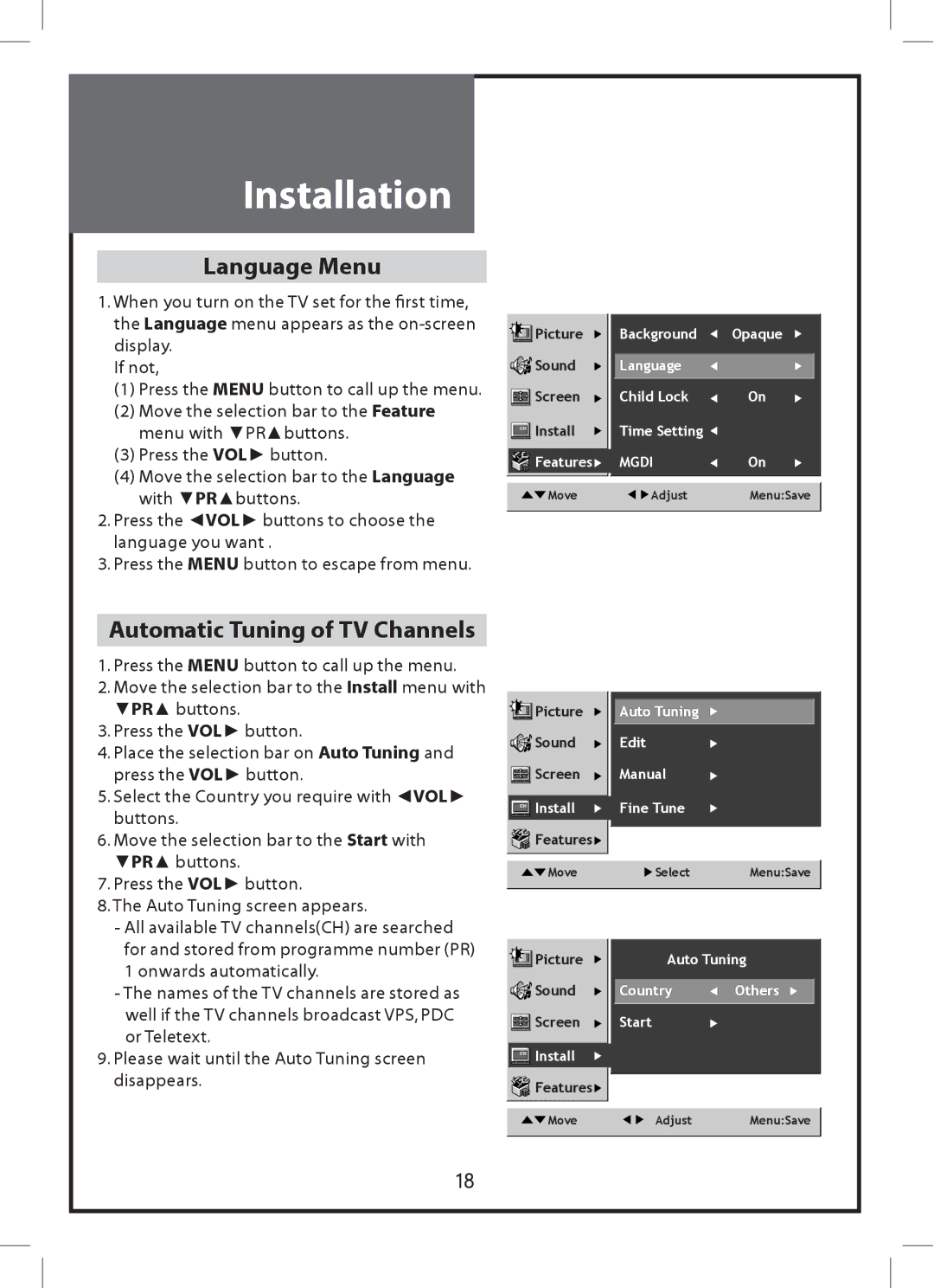 Daewoo DLP-2612, DLP-3212 instruction manual Installation, Language Menu, Automatic Tuning of TV Channels 