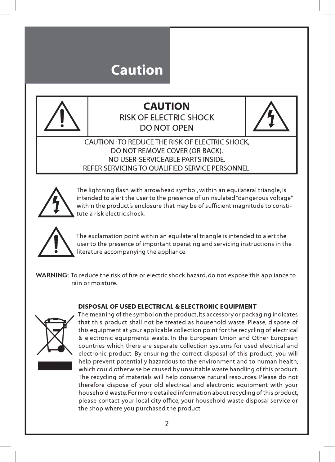 Daewoo DLP-2612, DLP-3212 Risk of Electric Shock Do not Open, Disposal of Used Electrical & Electronic Equipment 