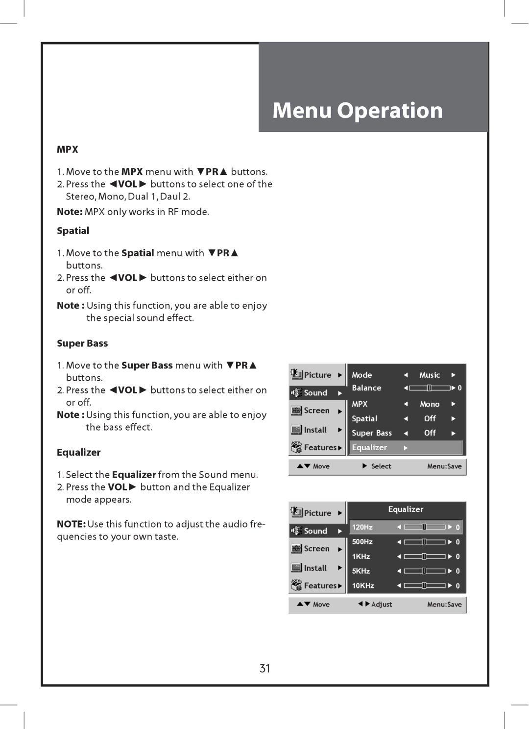 Daewoo DLP-3212, DLP-2612 instruction manual Mpx, Spatial, Super Bass, Equalizer 