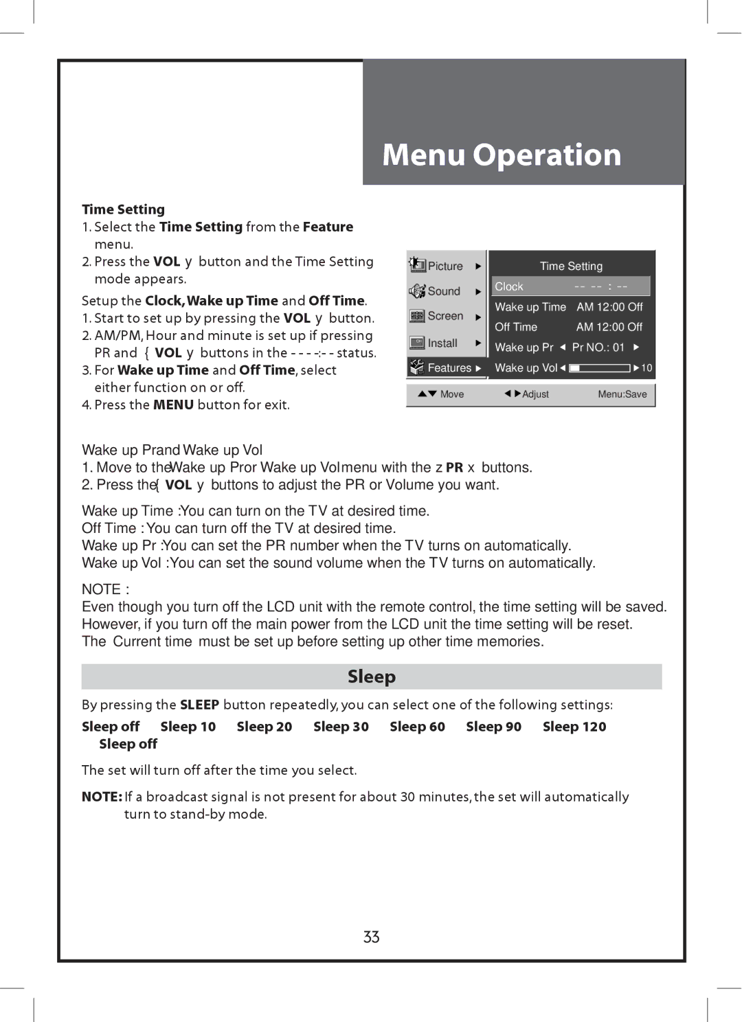 Daewoo DLP-3212 Sleep, Time Setting, Setup the Clock,Wake up Time and Off Time, For Wake up Time and Off Time, select 