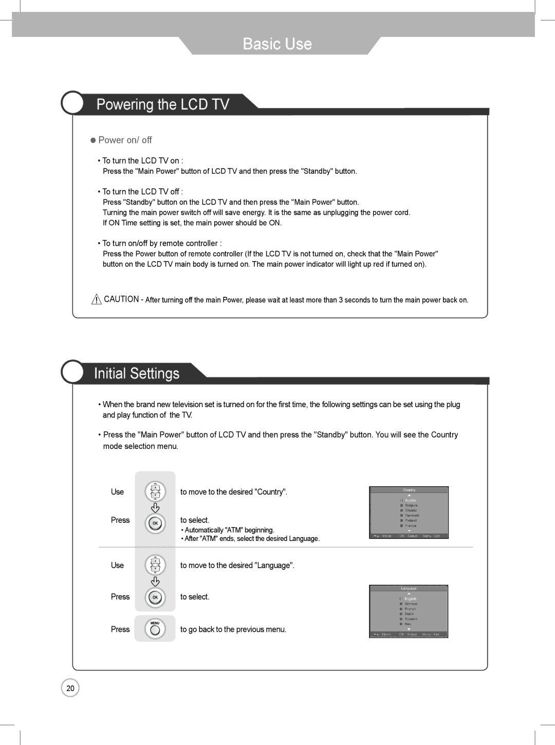 Daewoo DLP-3022, DLP-2622 user manual Basic Use, Powering the LCD TV, Initial Settings, ・ Power on/ off 
