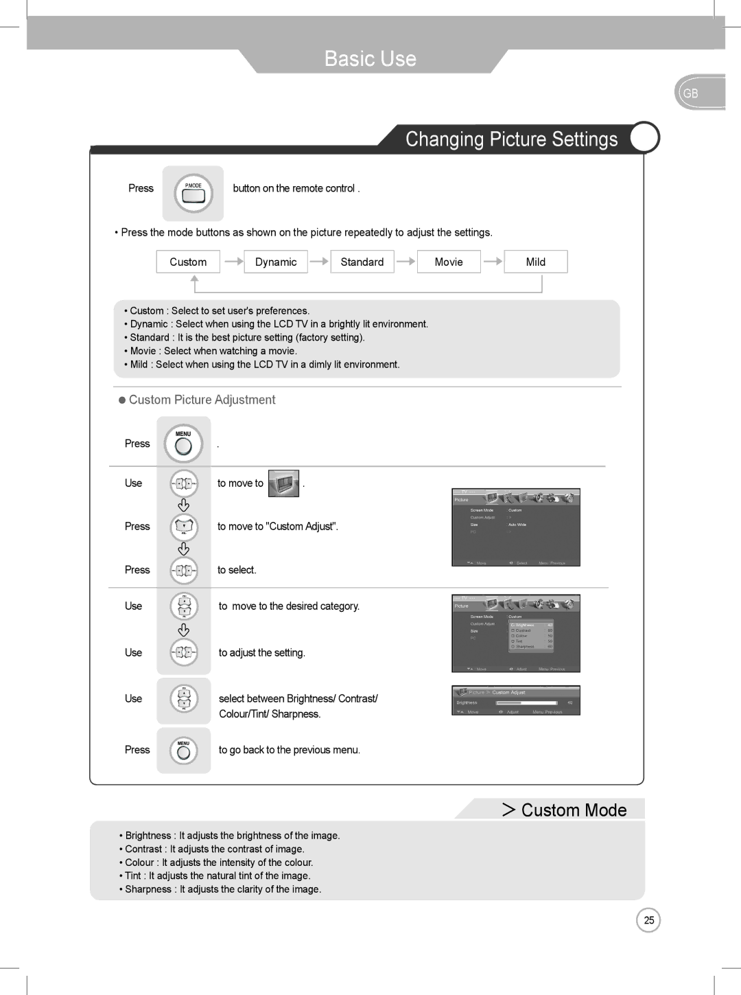 Daewoo DLP-2622, DLP-3022 Changing Picture Settings, ・ Custom Picture Adjustment, Custom Dynamic Standard Movie Mild 