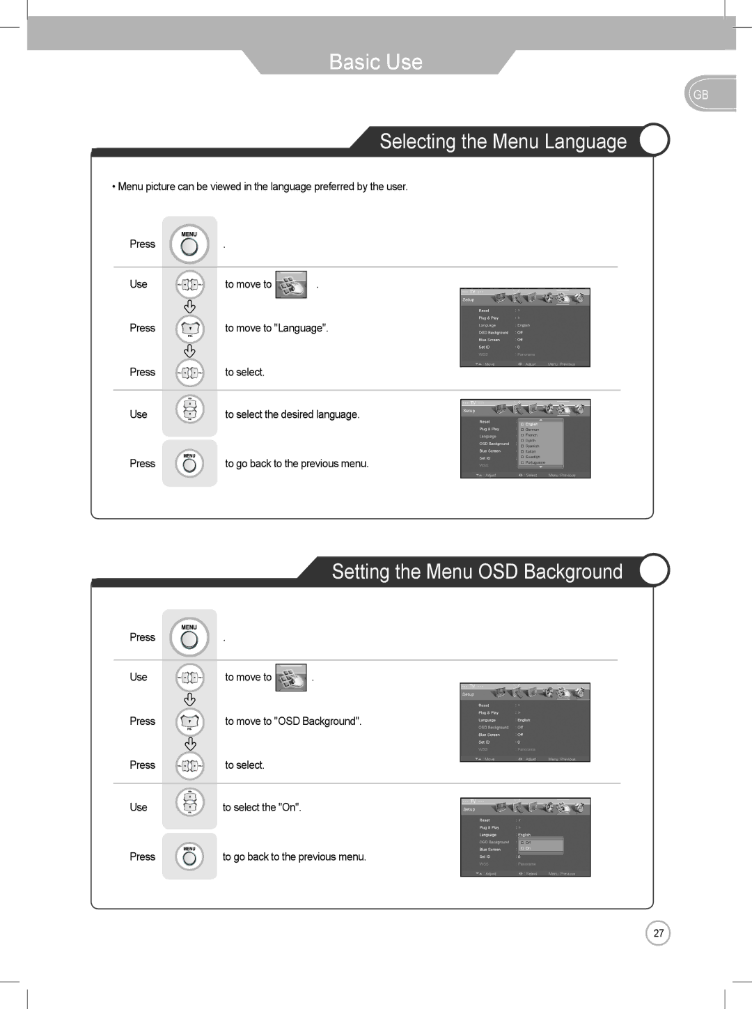 Daewoo DLP-2622, DLP-3022 user manual Selecting the Menu Language, Setting the Menu OSD Background 