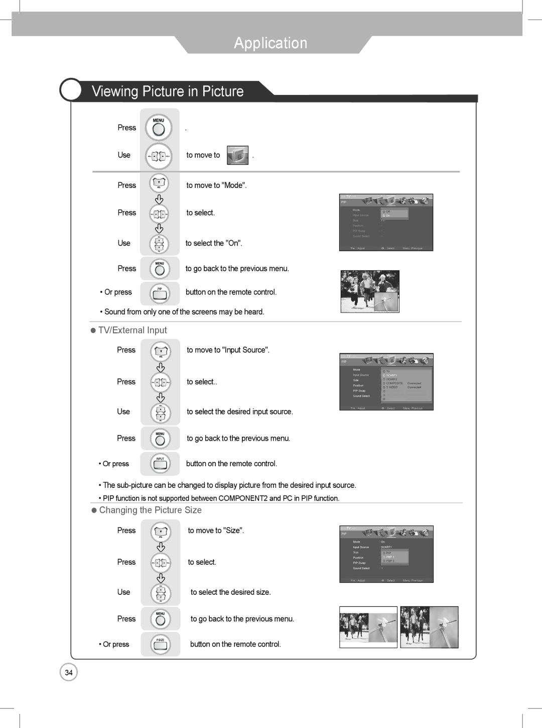 Daewoo DLP-3022, DLP-2622 user manual Viewing Picture in Picture, ・ TV/External Input, ・ Changing the Picture Size 