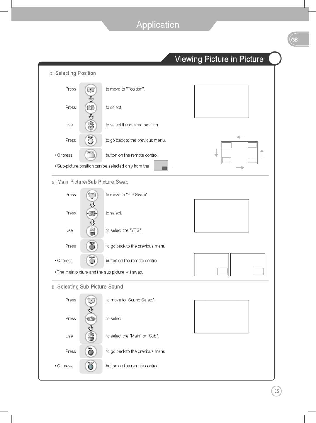 Daewoo DLP-2622, DLP-3022 user manual ・ Selecting Position, ・ Main Picture/Sub Picture Swap, ・ Selecting Sub Picture Sound 