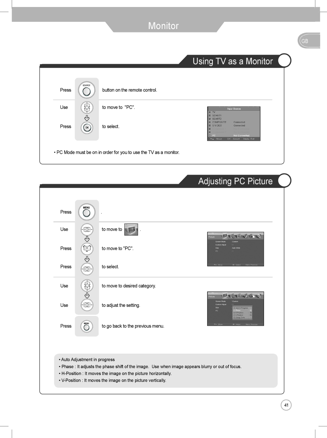 Daewoo DLP-2622, DLP-3022 user manual Using TV as a Monitor, Adjusting PC Picture 