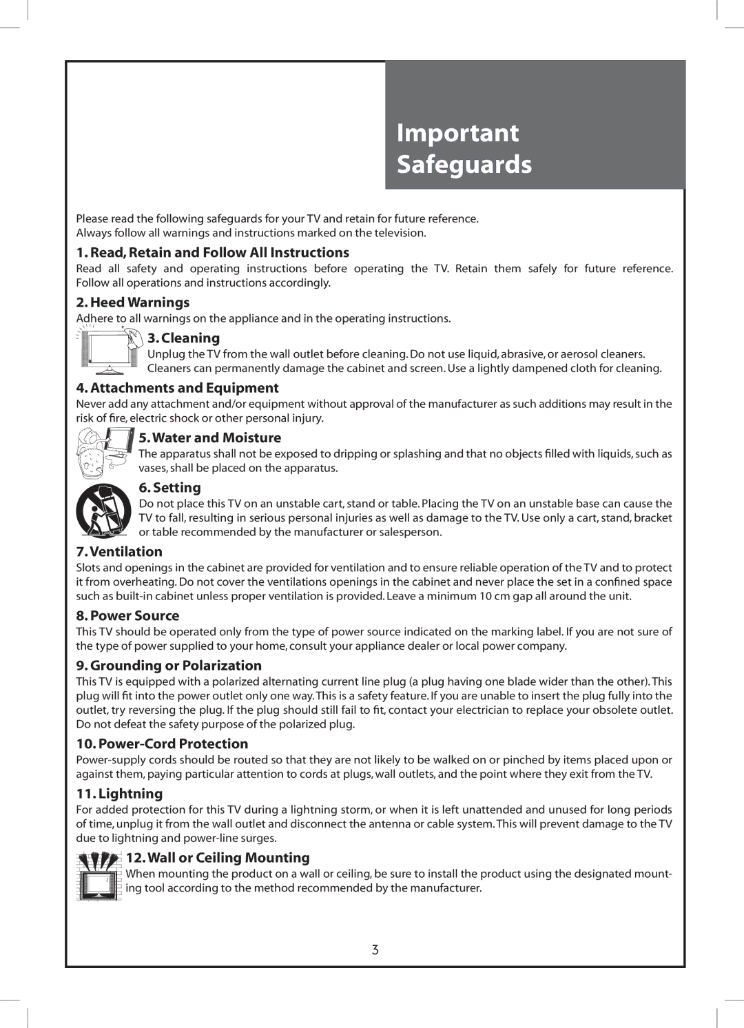 Daewoo DLP-26C3, DLP-32C2, DLP-32C3, DLP-26C2, DLP-32C1, DLP-37C3 Safeguards, Read, Retain and Follow All Instructions 