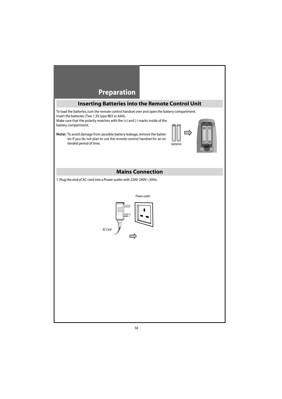 Daewoo DLT-19W4T, DLT-22W4T, DLT-20J9T Preparation, Inserting Batteries into the Remote Control Unit, Mains Connection 