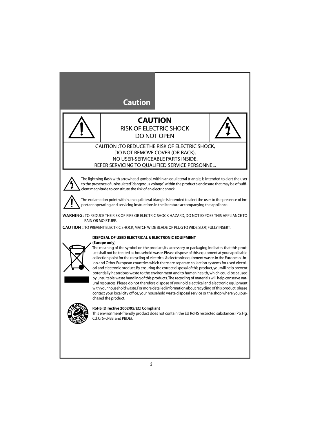 Daewoo DLT-20J1T, DLT-22W4T, DLT-20J9T, DLT-20J3T, DLT-19W4T instruction manual Risk of Electric Shock Do not Open 