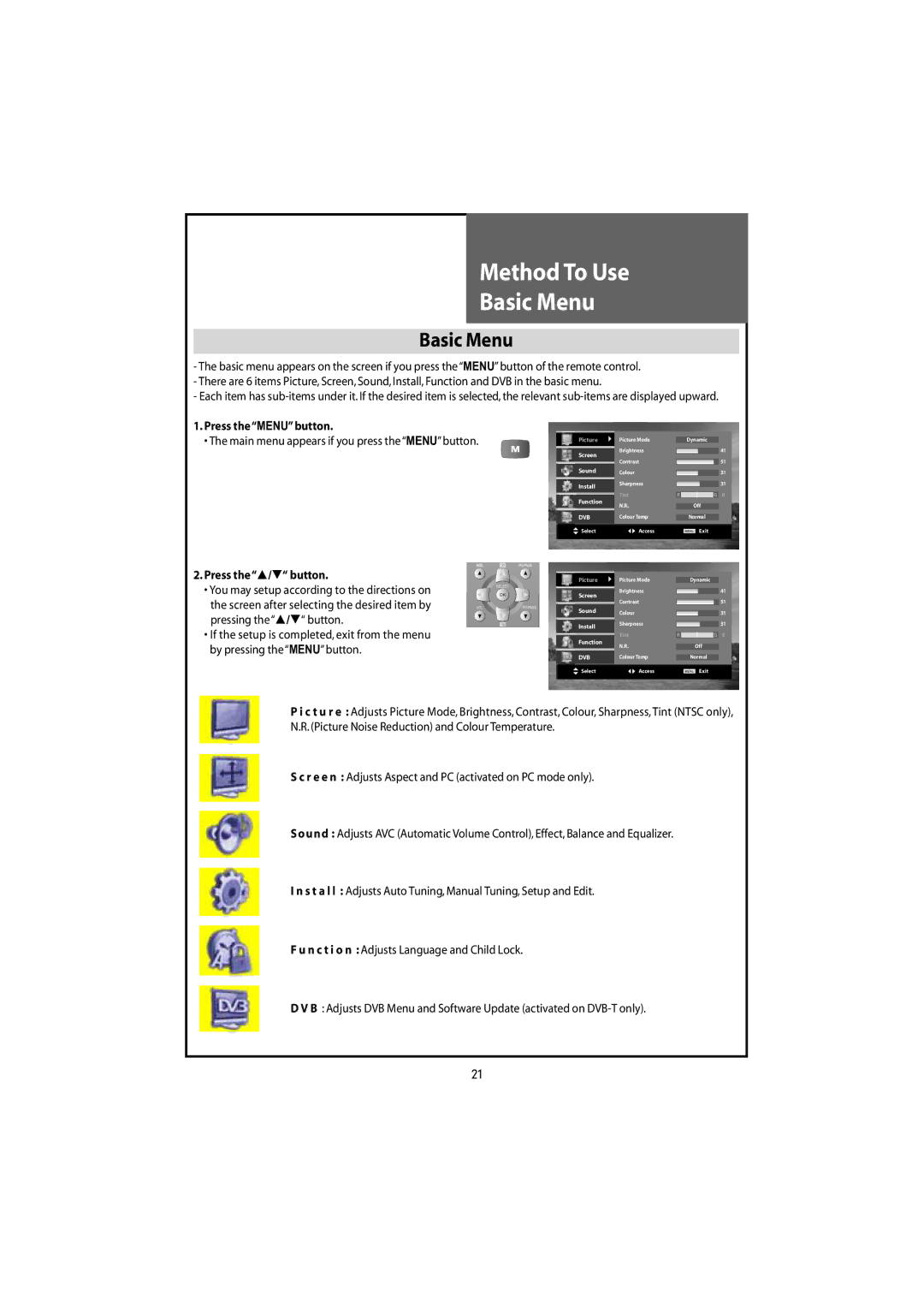 Daewoo DLT-20J9T, DLT-22W4T, DLT-20J1T, DLT-20J3T, DLT-19W4T instruction manual MethodTo Use Basic Menu, Press the/ button 