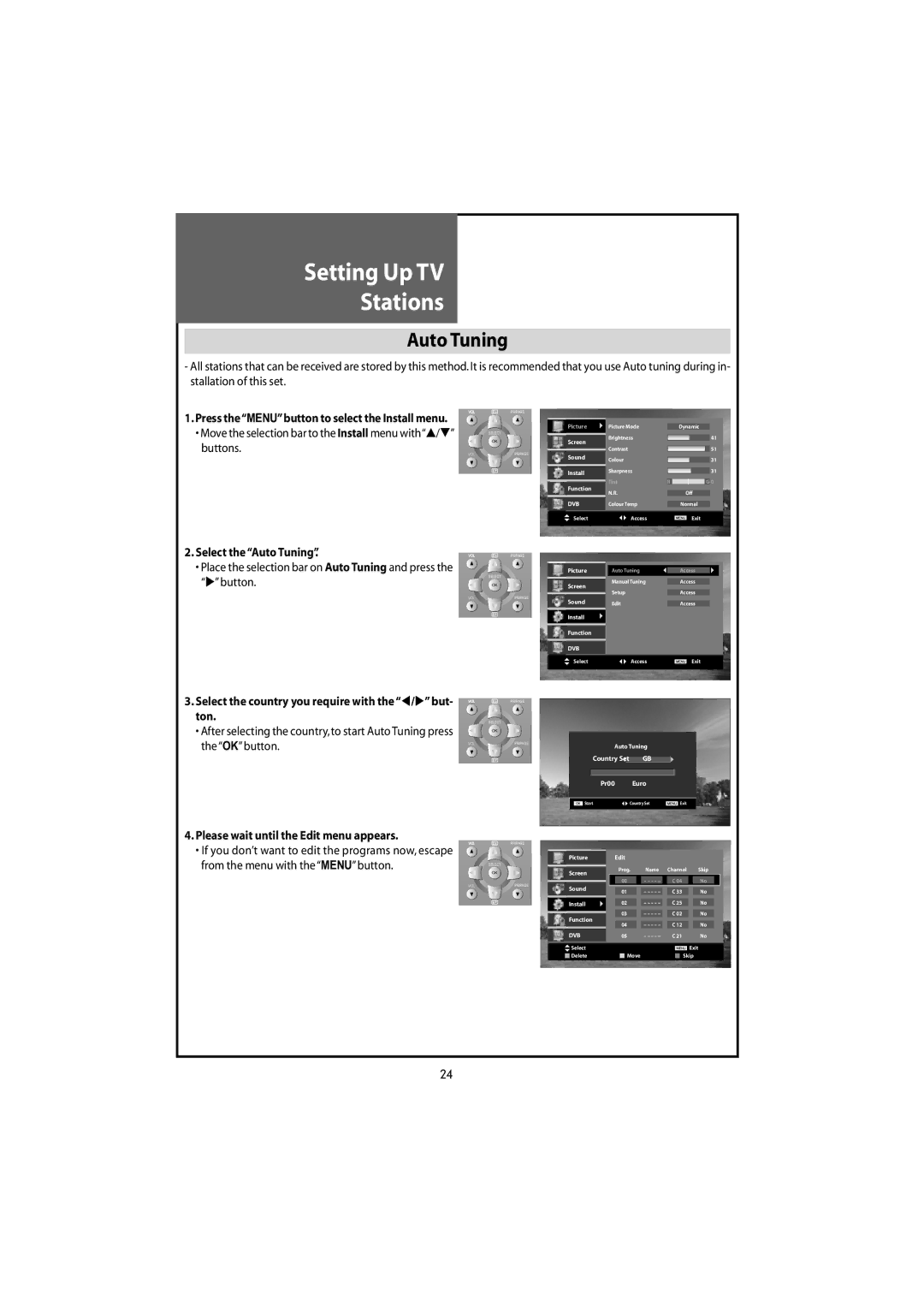 Daewoo DLT-19W4T, DLT-22W4T, DLT-20J9T, DLT-20J1T Setting UpTV Stations, AutoTuning, Please wait until the Edit menu appears 